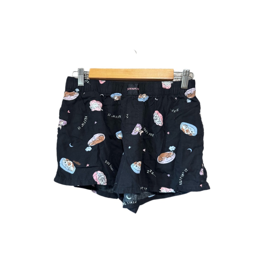Joyspun Pajama Shorts Women Small Black Dog Print Excellent Sleepwear Puns
